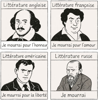 Illustration humoristique comparant les littératures anglaise, française, américaine et russe — une manière légère de rappeler que le rire peut aussi être un acte de lucidité face à la gravité du monde.