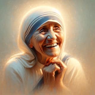 Portrait lumineux de Mère Teresa riant avec douceur et sérénité — illustration du lien entre la douleur, la joie et la compassion vivante.
