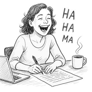 Image d'une femme qui rit en écrivant un article pour le blog du Rire Bien-être.